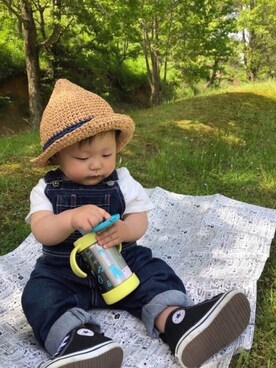 「HusHusH（ハッシュアッシュ）のアイテム（オールインワン・サロペット）」を使った、key.さん（キッズ・70cm）の春コーディネート