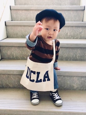 「ブラウン×ブラック」｜「アイテム（チノパンツ）」を使った、key.さん（キッズ・70cm）の秋コーディネート