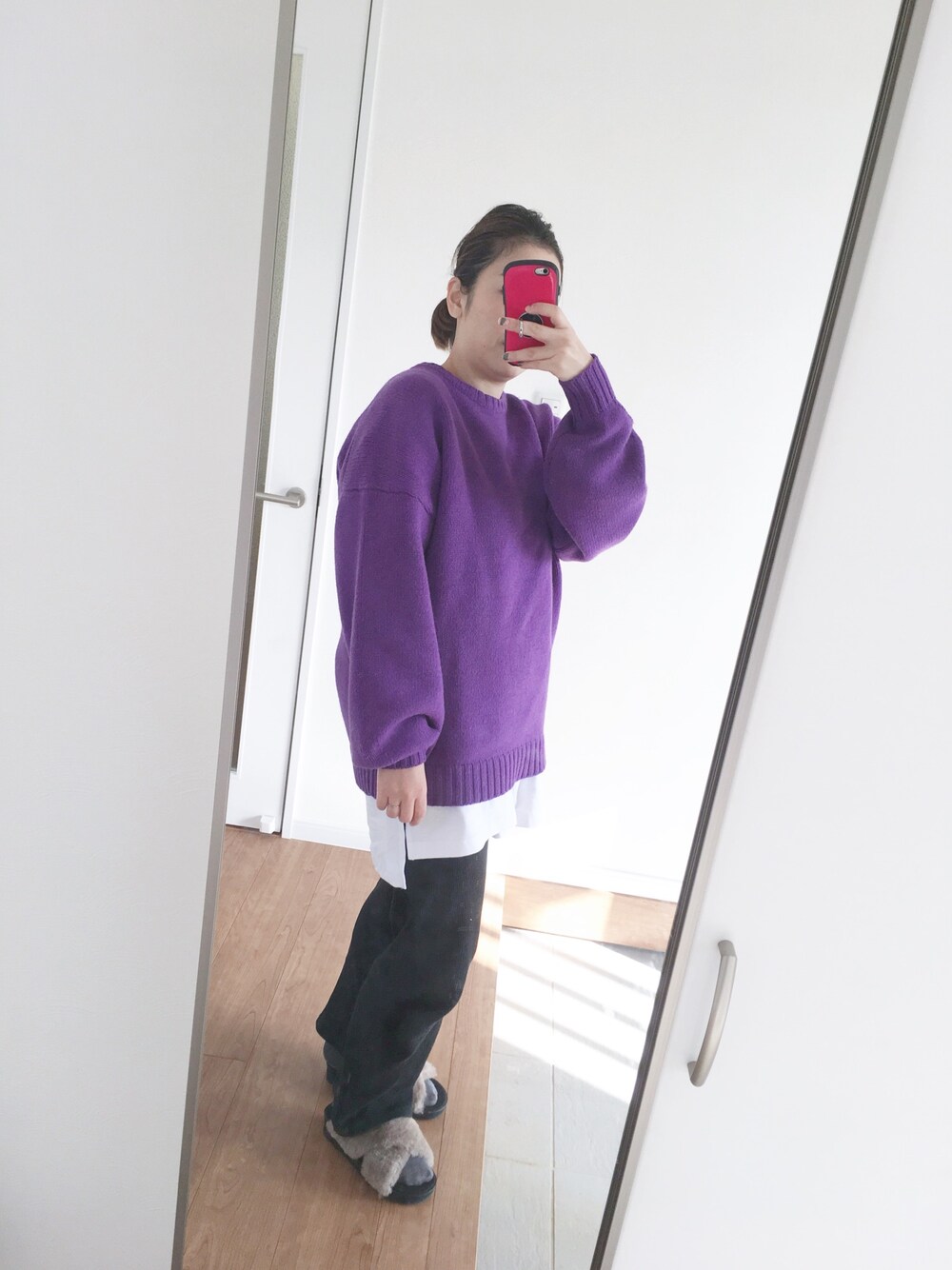 「リブパンツ、ニットパンツ、パープル、ざっくりニット、白Tシャツ」｜「Spick & Spanの【MITTERNACHT】 テンジクビックプルオーバー◆（ニット/セーター、パープル系）」を使った、yuuuuuuuuka1127さん（レディース・159cm）の秋コーディネートの1枚目の写真