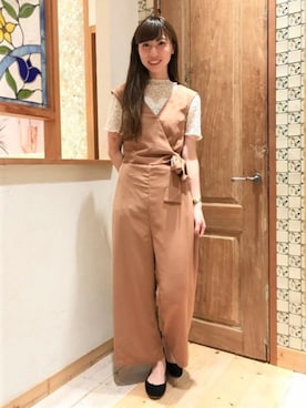 「アイテム（つなぎ/オールインワン、ベージュ系）」を使った、flowerさん（レディース・162cm）の夏コーディネート