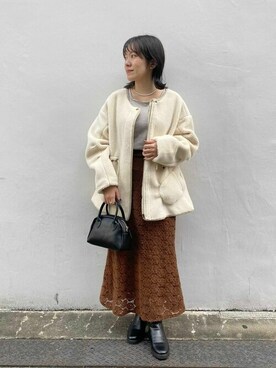 「レーススカート」｜「アイテム（ムートンコート）」を使った、flowerさん（レディース・155cm）の秋コーディネート