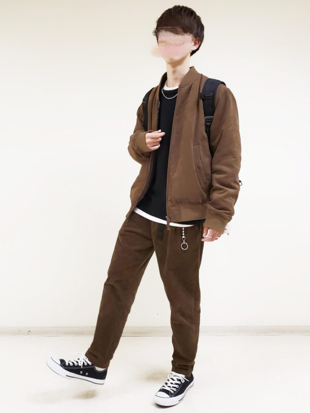 「秋のコーデ、セットアップ、converse、古着好きな人と繋がりたい、ブラウン×ブラウン、ブラウンセットアップ、コーデュロイパンツ、プチプラコーデ、MA-1、大学生」｜「WEGOのアイテム（アクセサリー、シルバー系）」を使った、hopeさん（メンズ・168cm）の秋コーディネートの1枚目の写真