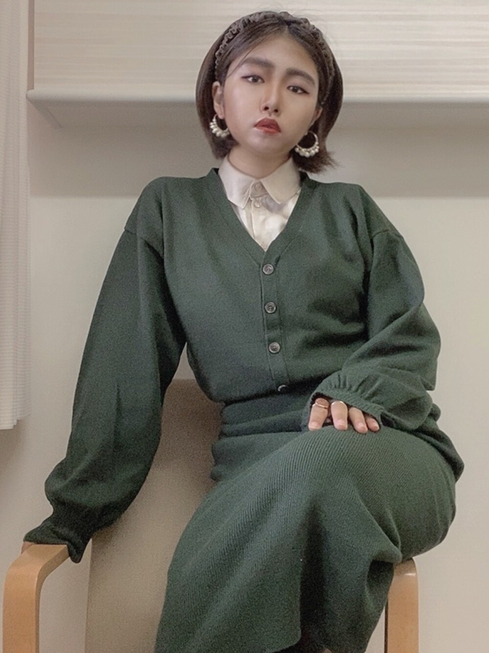 「MOUSSYのアイテム（ワンピース、グリーン系）」を使った、Sakurakoさん（レディース・151cm）の秋コーディネートの1枚目の写真