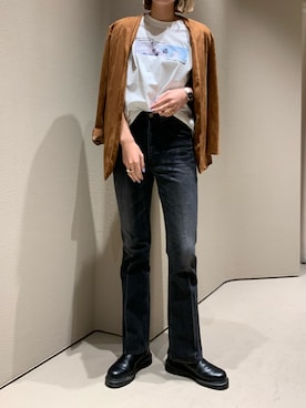 「SHENERY（シーナリー）のアイテム（ノーカラージャケット）」を使った、YAMAGATA_172cmさん（レディース・172cm）の冬コーディネート
