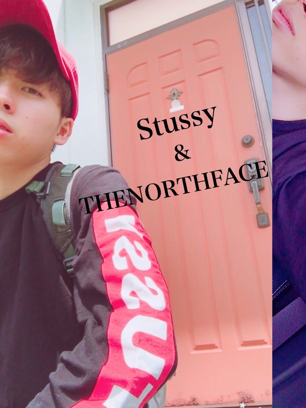 ブラック系のTシャツ/カットソー、グレー系のバックパック/リュック、レッド系のキャップを着用したメンズの春コーディネートの1枚目の写真