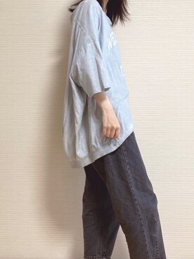 「DOUBLE NAME（ダブルネーム）のピグメントバルーンカレッジＴシャツ（Tシャツ/カットソー、ブルー系）」を使った、ういまるさん（レディース・157cm）の夏コーディネート