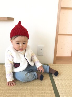 「9ヶ月」｜「アイテム（ニットキャップ/ビーニー）」を使った、hanaさん（キッズ・70cm）の冬コーディネート