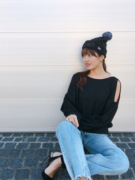 「オープンショルダー」｜「アイテム（帽子）」を使った、MASAEさん（レディース・168cm）の冬コーディネート