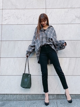 「DHOLIC（ディーホリック）のウール混スナップボタンチェックシャツ（シャツ/ブラウス）」を使った、MASAEさん（レディース・168cm）の冬コーディネート