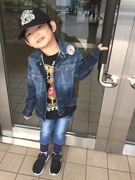 「JOEY HYSTERIC（ジョーイヒステリック）のアイテム（帽子）」を使った、日向父さん（キッズ・100cm）の秋コーディネート