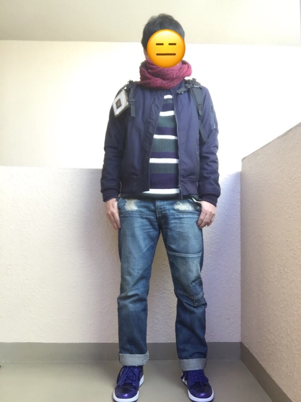 「MA-1、しましまんず萌え隊、AIR JORDAN、green label relaxing、GU、quenchloud、NIKE、バックパック、アダルトおカワたん部、愛はWEARを救うキャンペーン」｜「green label relaxingのアイテム（ミリタリージャケット、ブルー系）」を使った、Ren Saitoさん（メンズ・168cm）の冬コーディネートの1枚目の写真