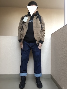 「アイテム（ミリタリージャケット、ゴールド系）」を使った、Ren Saitoさん（メンズ・168cm）の冬コーディネート