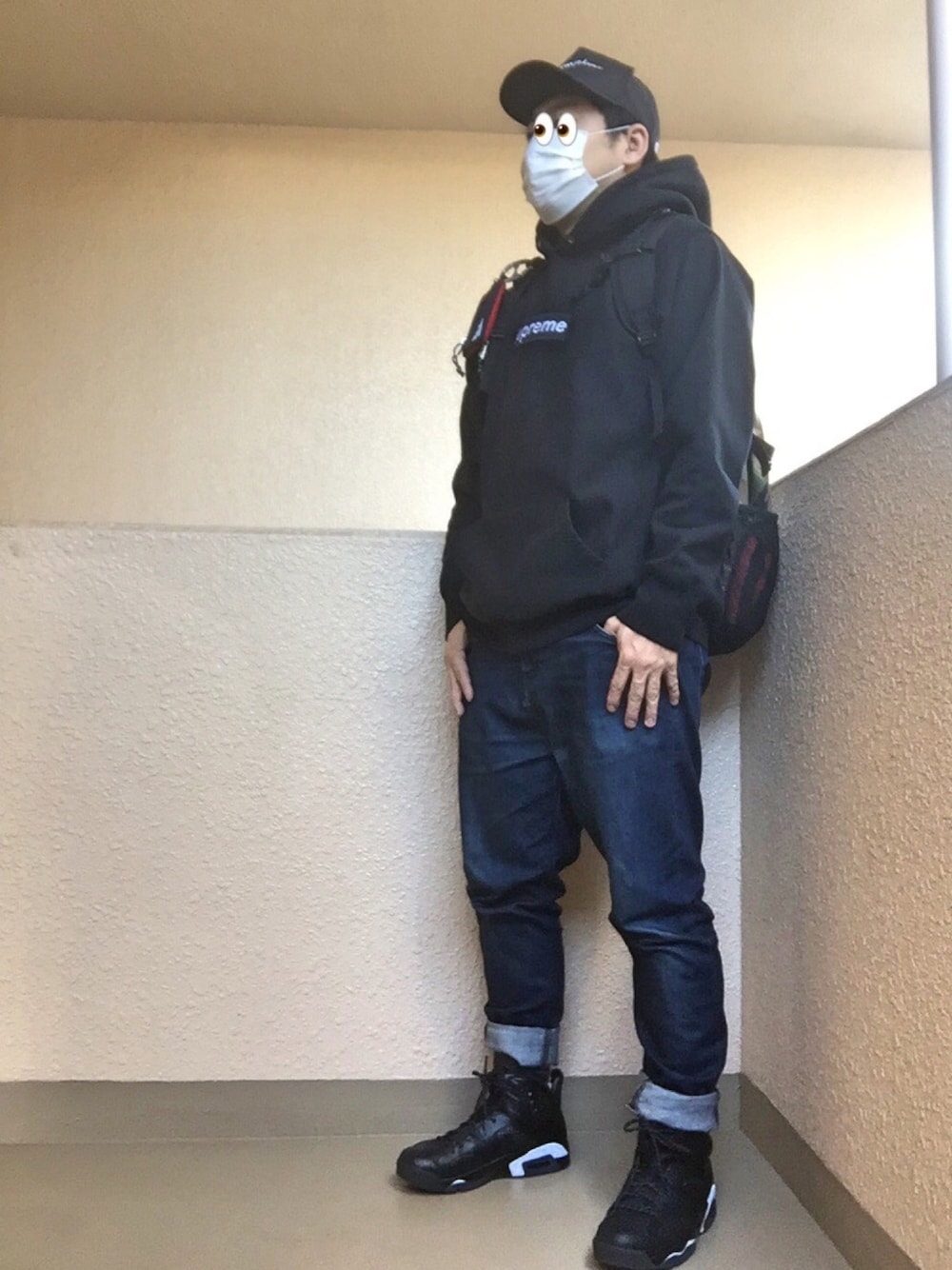 「ストリート、ボックスロゴ、エアジョーダン、ブラックキャット、カモフラ、supreme、NIKE、アダルトおカワたん部、愛はWEARを救うキャンペーン」｜「Championの∴WEGO/Championカーブキャップ（キャップ、シルバー系）」を使った、Ren Saitoさん（メンズ・168cm）の春コーディネートの1枚目の写真