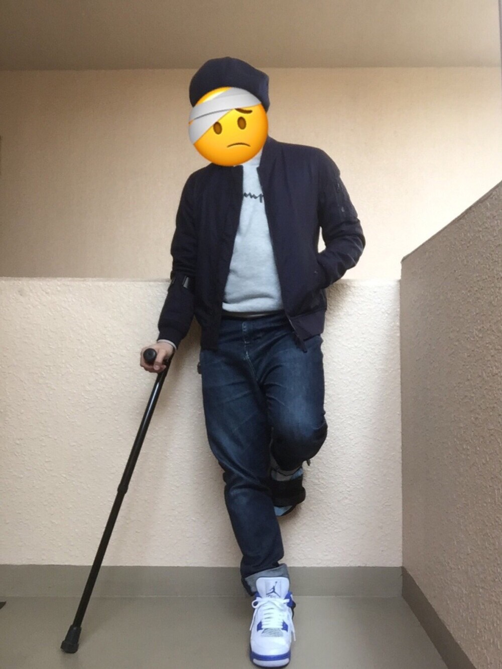 「ベレー帽、MA-1、スウェット、エアジョーダン、AIR JORDAN、Champion、NIKE、アダルトおカワたん部」｜「green label relaxingのアイテム（ミリタリージャケット、ブルー系）」を使った、Ren Saitoさん（メンズ・168cm）の春コーディネートの1枚目の写真