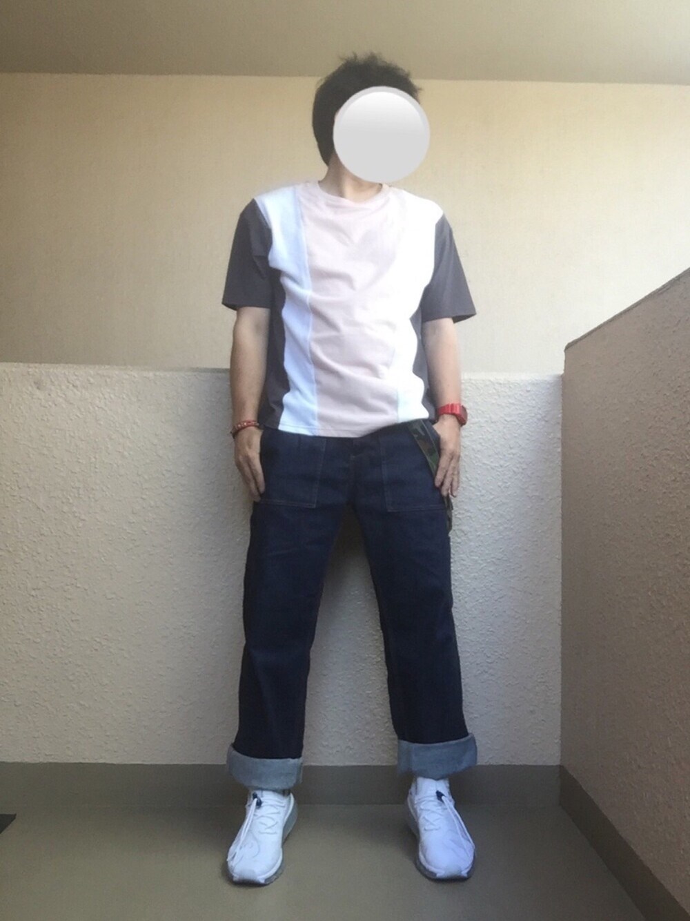 「ストライプ、Tシャツ、ペインターパンツ、airmaxflair、アダルトおカワたん部」｜「SENSE OF PLACE by URBAN RESEARCHのパネルブロックドTシャツ(5分袖)（Tシャツ/カットソー、グレー系）」を使った、Ren Saitoさん（メンズ・168cm）の夏コーディネートの1枚目の写真