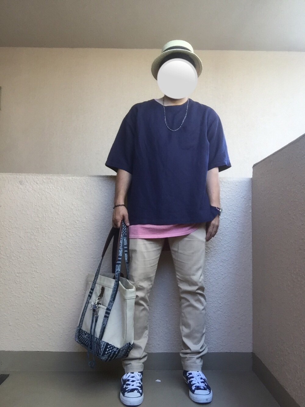 「ネイビー、カンカン帽、レイヤードスタイル、チノパン、星柄、アダルトおカワたん部」｜「JUNREDの布帛イレギュラーパネルプルオーバー（シャツ/ブラウス、ブルー系）」を使った、Ren Saitoさん（メンズ・168cm）の夏コーディネートの1枚目の写真