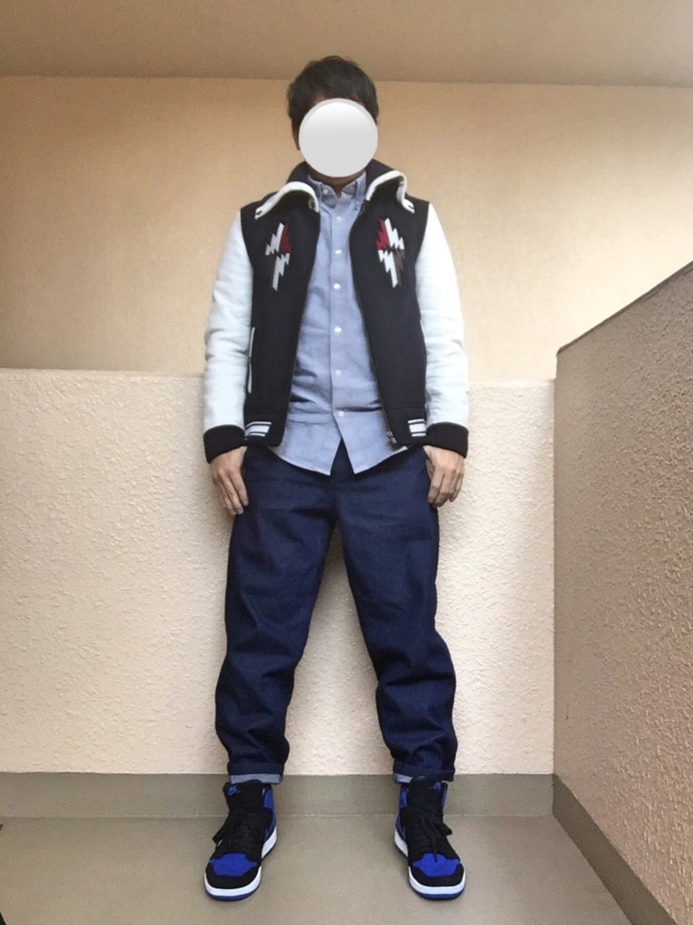 「ドラフトナイキ、エアジョーダン、airjordan、スタジャン、ダボパン、アダルトおカワたん部、オトナカジュアル、大人カジュアル、ナイキ、NIKE」｜「NIKEのアイテム（スニーカー、ブルー系）」を使った、Ren Saitoさん（メンズ・168cm）の冬コーディネートの1枚目の写真