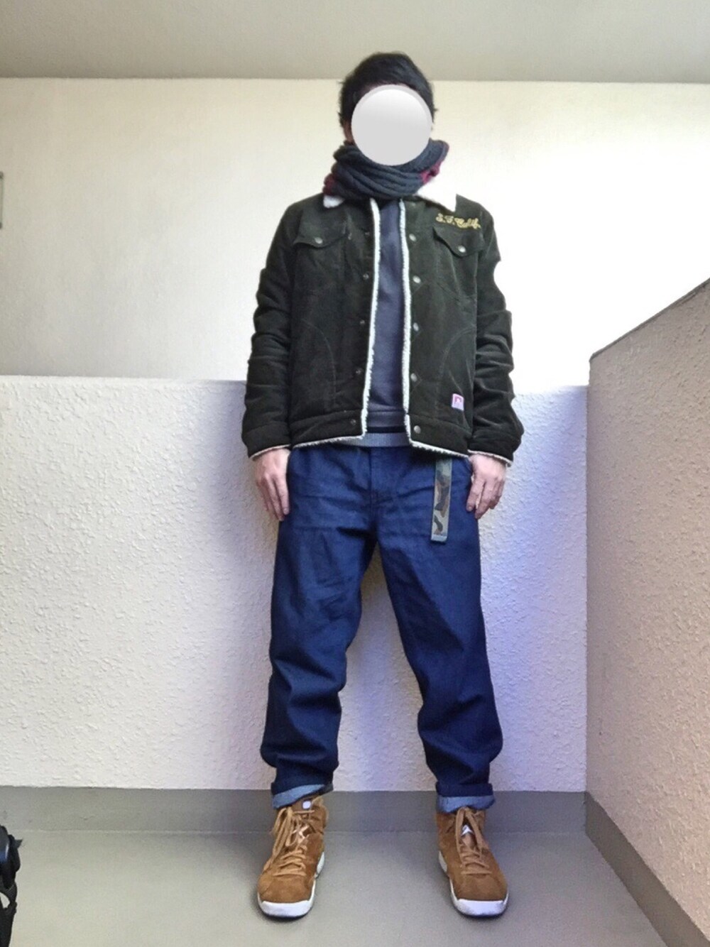 「ボアジャケット、コーデュロイ、グリーンダヨ〜、ダボパン、エアジョーダン、AIR JORDAN、アダルトおカワたん部、オトナカジュアル、大人カジュアル」｜「BEN DAVISのアイテム（その他アウター、グリーン系）」を使った、Ren Saitoさん（メンズ・168cm）の冬コーディネートの1枚目の写真