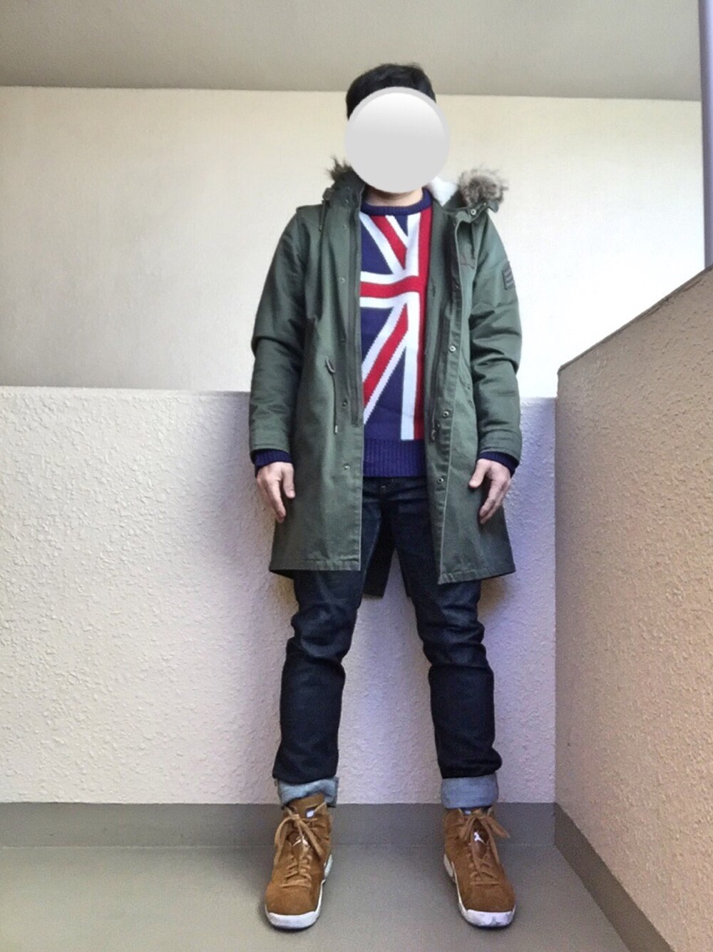 「モッズコート、ニット、ユニオンジャック、エアジョーダン、AIR JORDAN、アダルトおカワたん部、オトナカジュアル、大人カジュアル」｜「GIORDANOの[GIORDANO]ユニオンジャック柄ニット（ニット/セーター、ブルー系）」を使った、Ren Saitoさん（メンズ・168cm）の冬コーディネートの1枚目の写真