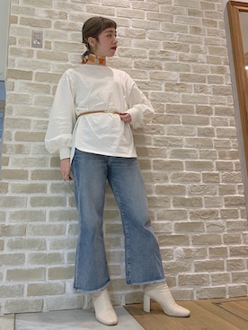 「earth music&ecology（アースミュージックアンドエコロジー）のマリン柄スカーフ＊（ストール/ショール）」を使った、かわの くみこさん（レディース・154cm）の冬コーディネート