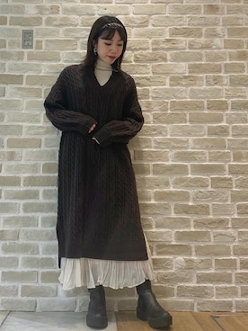 「ケーブルニット」｜「アイテム（ワンピース）」を使った、かわの くみこさん（レディース・154cm）の秋コーディネート