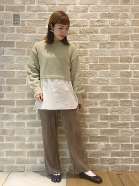 「earth music&ecology（アースミュージックアンドエコロジー）の選べるリブパンツ(サテン)　＊（その他パンツ）」を使った、かわの くみこさん（レディース・154cm）の冬コーディネート
