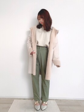 「白ニット」｜「アイテム（ムートンコート）」を使った、りなぽちゃさん（レディース・156cm）の冬コーディネート