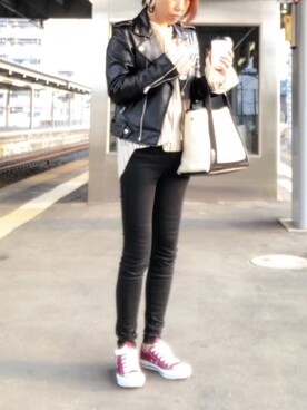 「TODAYFUL（トゥデイフル）のアイテム（ライダースジャケット）」を使った、hanaさん（レディース・156cm）の春コーディネート