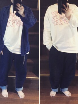 「STUSSY（ステューシー）のアイテム（Tシャツ/カットソー、ホワイト系）」を使った、なーさんさん（レディース・156cm）の冬コーディネート