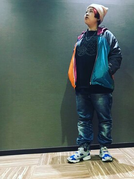 「BEN DAVIS（ベンデイビス）のアイテム（ニットキャップ/ビーニー、ピンク系）」を使った、なーさんさん（レディース・156cm）の冬コーディネート
