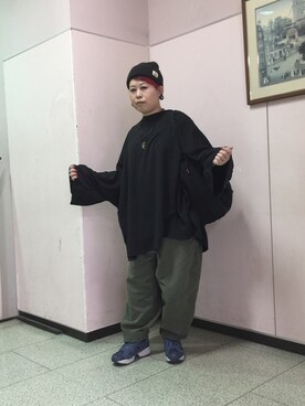 「no brand（ノーブランド）のアイテム（Tシャツ/カットソー、ブラック系）」を使った、なーさんさん（レディース・156cm）の春コーディネート