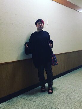 「no brand（ノーブランド）のアイテム（Tシャツ/カットソー、ブラック系）」を使った、なーさんさん（レディース・156cm）の夏コーディネート