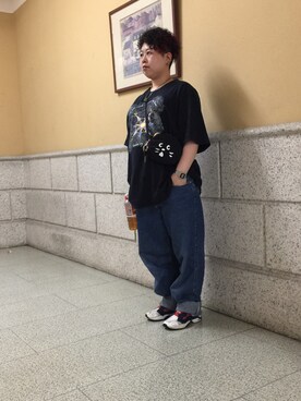 「古着 バンドTのアイテム（Tシャツ/カットソー、ブラック系）」を使った、なーさんさん（レディース・156cm）の夏コーディネート