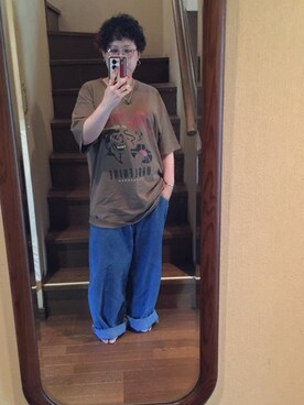 「古着のアイテム（Tシャツ/カットソー、ブラウン系）」を使った、なーさんさん（レディース・156cm）の秋コーディネート