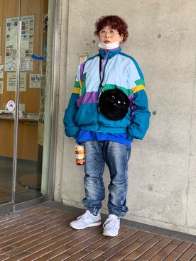 「古着のアイテム（ナイロンジャケット、ブルー系）」を使った、なーさんさん（レディース・156cm）の秋コーディネート