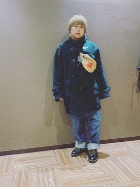 「古着のアイテム（ダッフルコート、グリーン系）」を使った、なーさんさん（レディース・156cm）の冬コーディネート