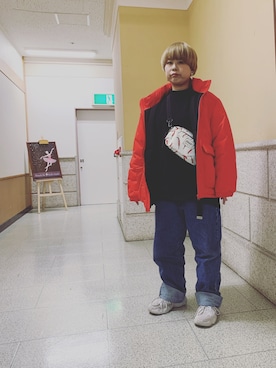 「GU（ジーユー）のアイテム（その他アウター、レッド系）」を使った、なーさんさん（レディース・156cm）の冬コーディネート