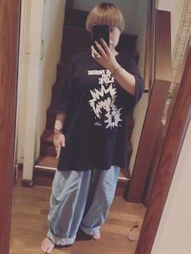「古着のアイテム（Tシャツ/カットソー、ブラック系）」を使った、なーさんさん（レディース・156cm）の夏コーディネート