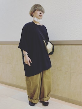 「unrelaxing（アンリラクシング）のアイテム（Tシャツ/カットソー、ブラック系）」を使った、なーさんさん（レディース・156cm）の夏コーディネート