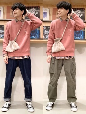 ニット セーターを使った くすみピンク のメンズ人気ファッションコーディネート Wear