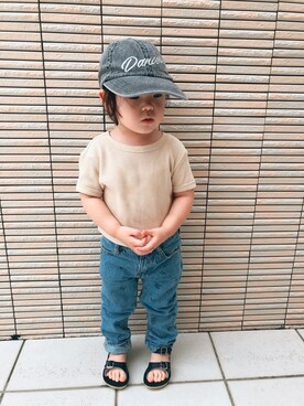 「mainioのアイテム（Tシャツ/カットソー、ベージュ系）」を使った、おむすびさん（キッズ・90cm）の夏コーディネート