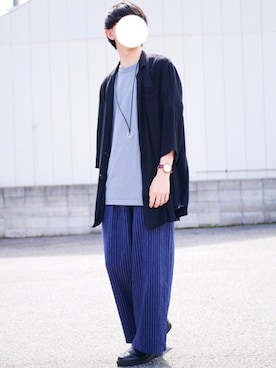 ベルテッドリネンコットンワイドパンツ ストライプ 丈長め73cm Ecを使ったメンズ人気ファッションコーディネート Wear