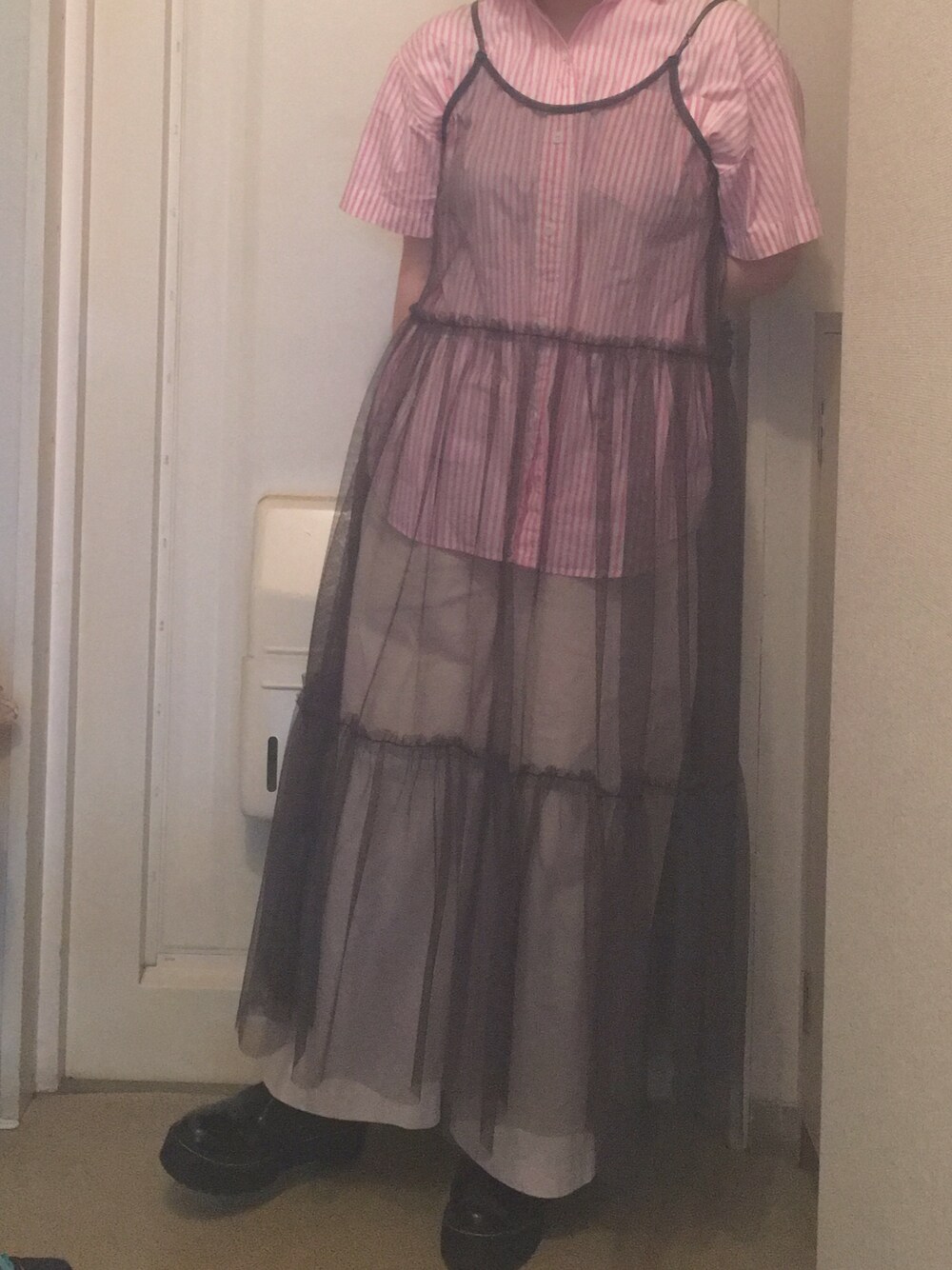 「古着MIX、古着、ピンク、ストライプ、PAGEBOY、チュール、ティアード、OLIVE des OLIVE」｜「PAGEBOYのアイテム（ワンピース/ドレス、グレー系）」を使った、N a t s u k i 🐰さん（レディース・157cm）の夏コーディネートの1枚目の写真