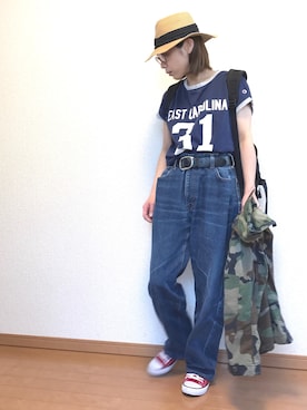 「麦わら帽子」｜「アイテム（ミリタリージャケット）」を使った、kii610さん（レディース・161cm）の春コーディネート
