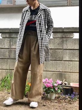 「ハイウエストパンツ」｜「アイテム（ステンカラーコート）」を使った、kii610さん（レディース・161cm）の春コーディネート
