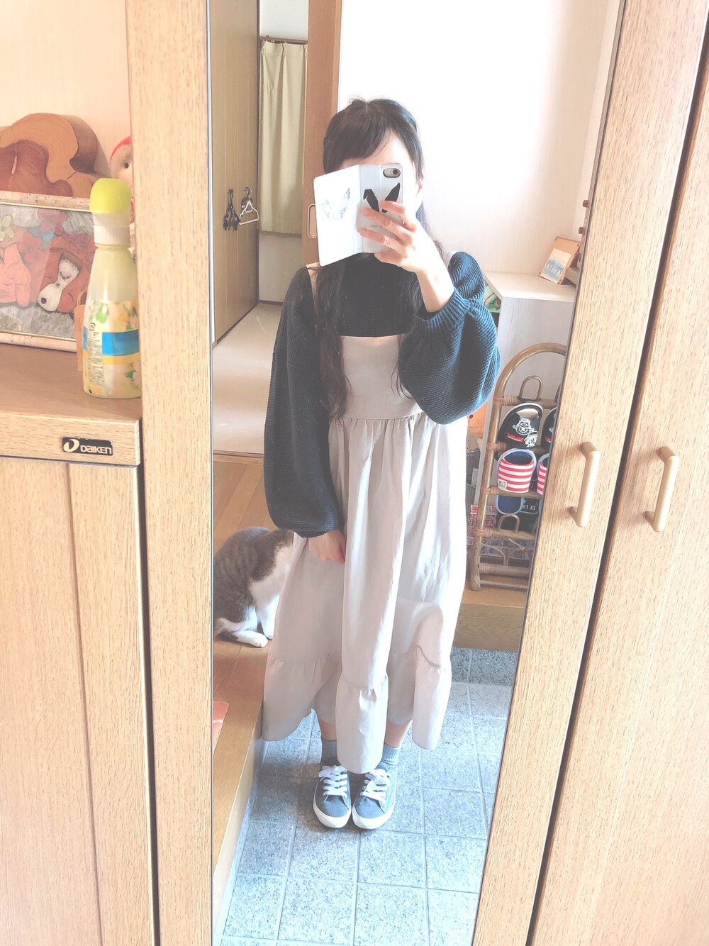 「カジュアルコーデ、シンプルコーデ、大人コーデ、おしゃれさんと繋がりたい、今日のコーデ、休日スタイル、ビッグシルエット、春色、ラクチンコーデ」｜「ADOLESCENCE のバルーンスリーブフリルハイネックニットトップス【ZOZOTOWN限定アイテム】（ニット/セーター、グレー系）」を使った、a＊さん（レディース・151cm）の春コーディネートの1枚目の写真