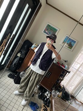 「GU（ジーユー）のアイテム（ベスト、ブルー系）」を使った、 3708knさん（メンズ・173cm）の夏コーディネート