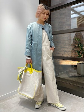 「バンダナ」｜「アイテム（ノーカラーコート）」を使った、カーンさん（レディース・158cm）の冬コーディネート