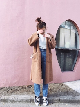 「ハイウエストストレートジーンズ」｜「アイテム（ノーカラージャケット）」を使った、AYAさん（レディース・157cm）の冬コーディネート