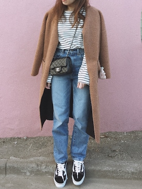 「ハイウエストストレートジーンズ」｜「アイテム（ノーカラージャケット）」を使った、AYAさん（レディース・157cm）の冬コーディネート
